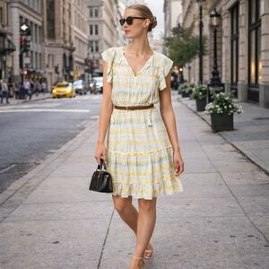 MELISSA NEPTON Yellow & White Striped Midi Dress | Ruffle Hem Feminine NWT